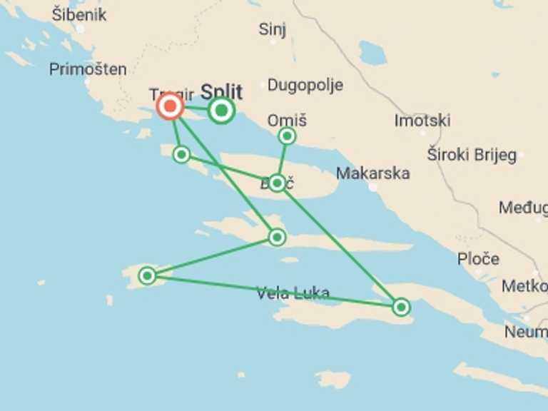 Map of Croatia Sailing, yachting and motor boating Tour with 6 destination visits for the trip: Croatia Bike & Boat - Deluxe