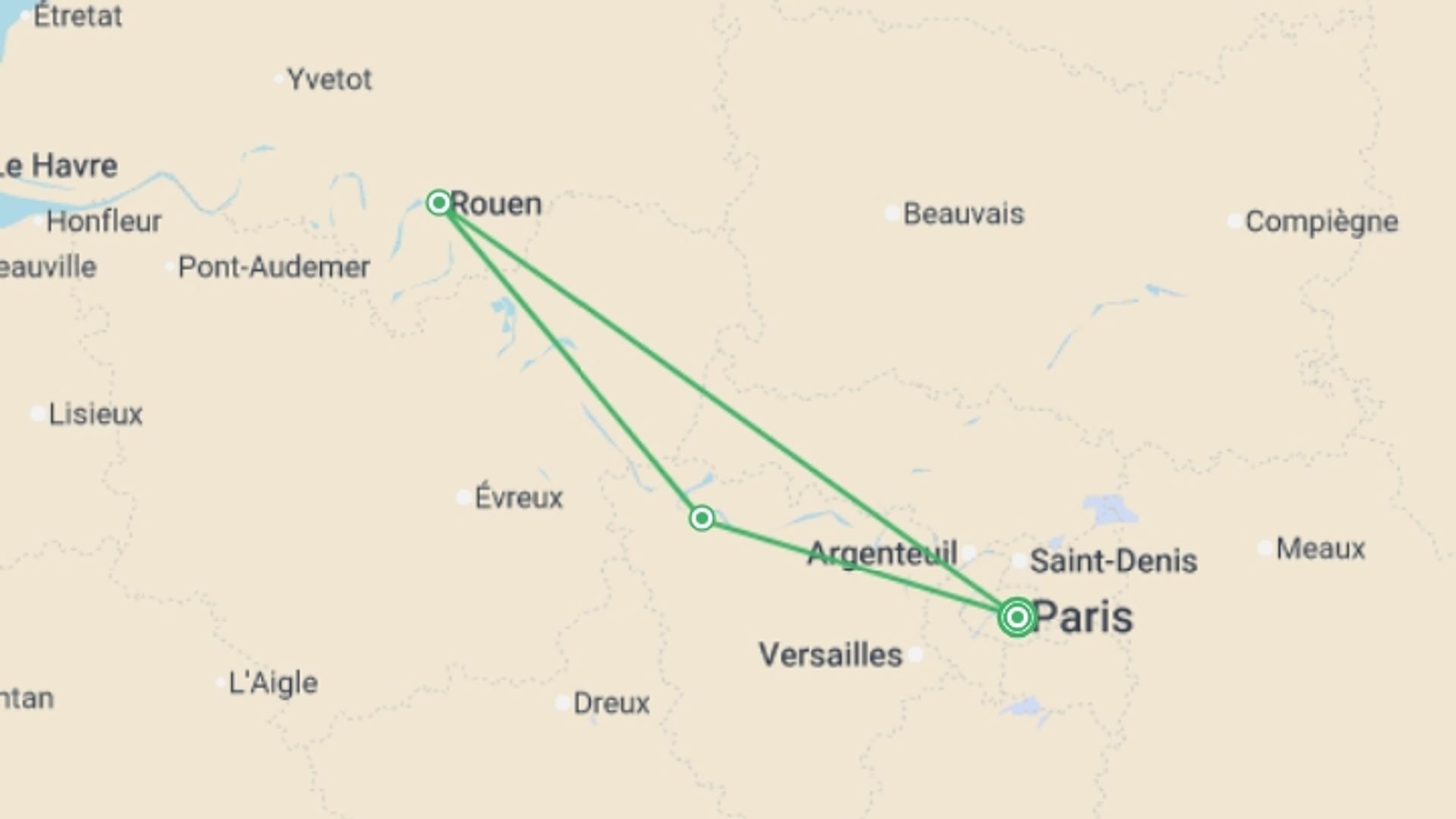 A map showing the tour itinerary for the trip: From Paris, the City of Light, to the shores of Normandy, a festive and gourmet cruise on the Seine aboard a paddlewheel boat (port-to-port cruise), starting in Paris, France and ending in Paris, France going through 2 other destinations.