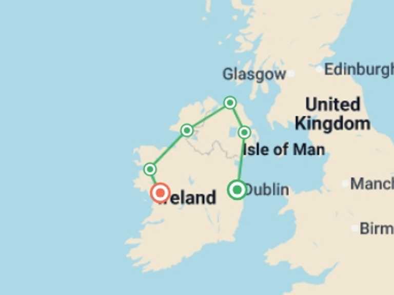 Map of Ireland Explorer Tour with 6 destination visits for the trip: Dublin to Northern Ireland & Galway - 5 days