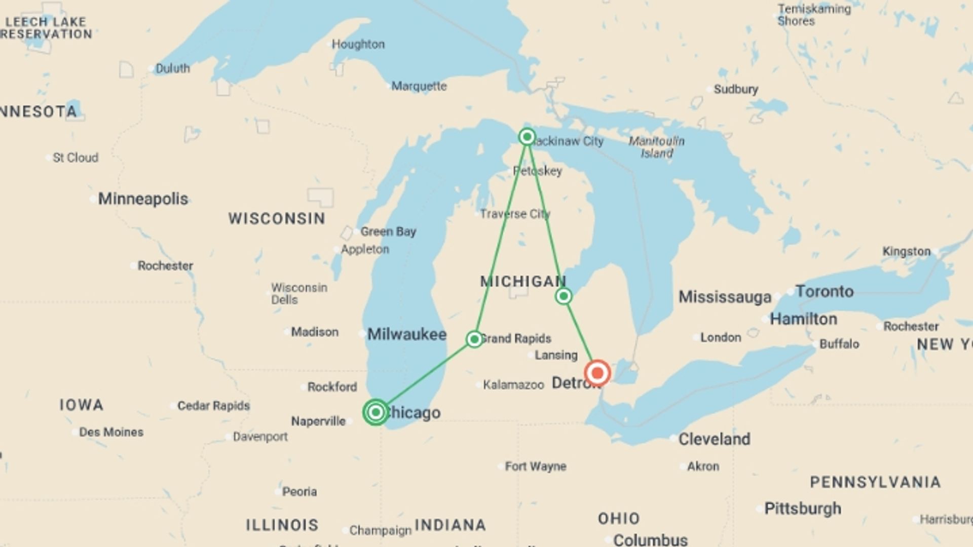 A map showing the tour itinerary for the trip: Mackinac Island featuring the Tulip Time Festival, starting in Chicago, USA and ending in Southfield, USA going through 0 other destinations.