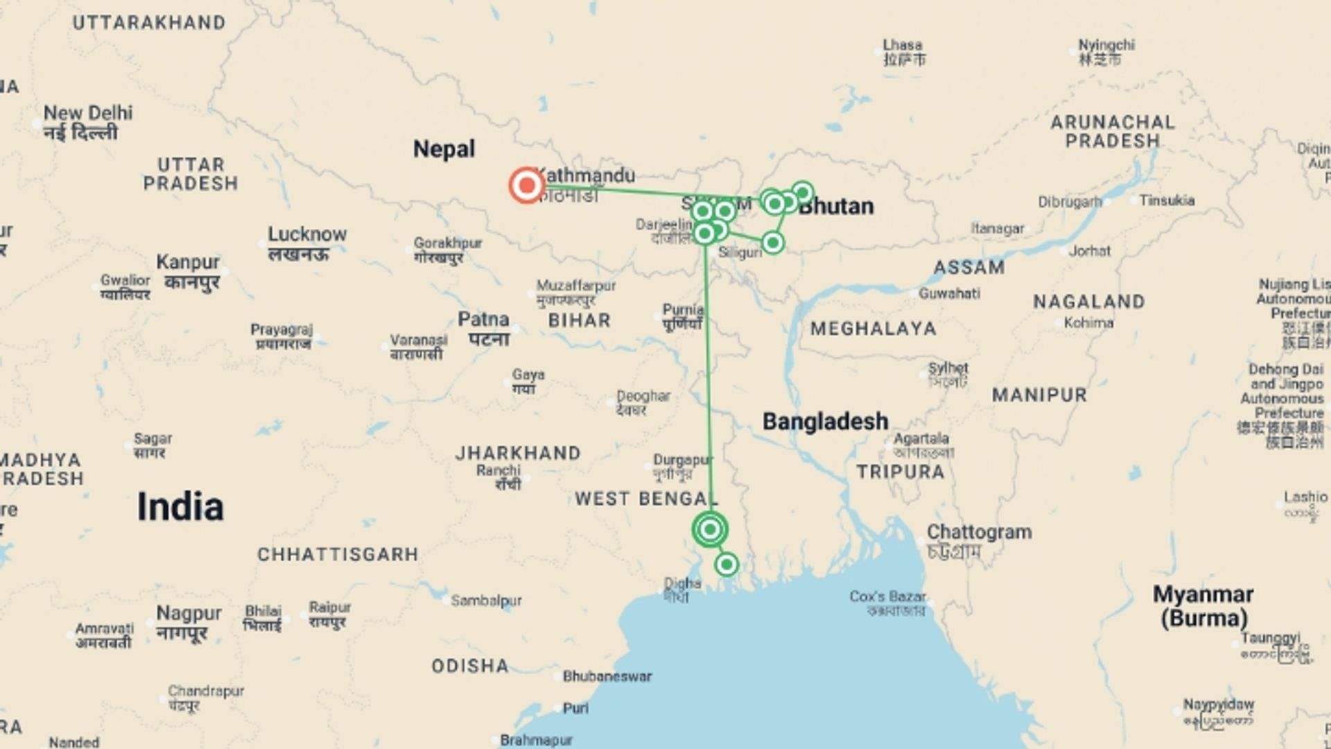 A map showing the tour itinerary for the trip: Discover Darjeeling and Bhutan, starting in Kolkata, India and ending in Kathmandu, Nepal going through 12 other destinations.