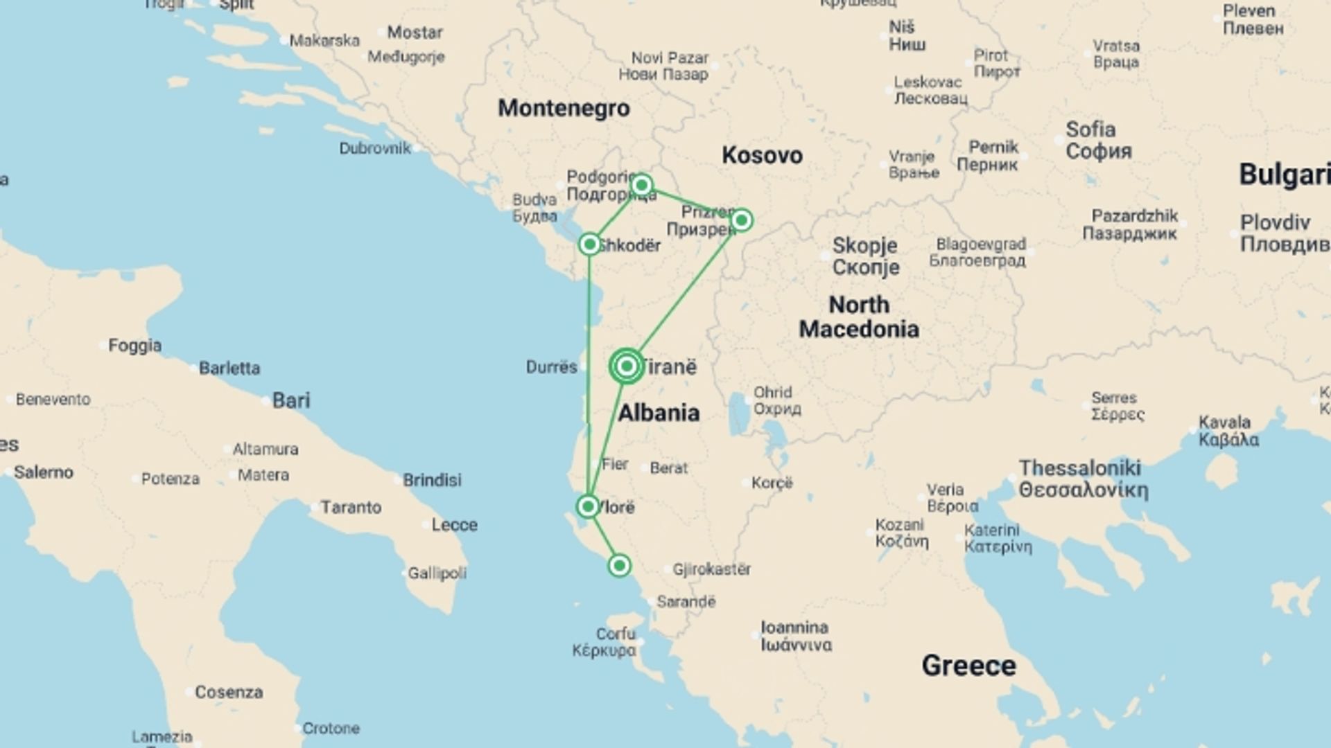 A map showing the tour itinerary for the trip: Albania Beaches and Peaks, starting in Tirana, Albania and ending in Tirana, Albania going through 3 other destinations.