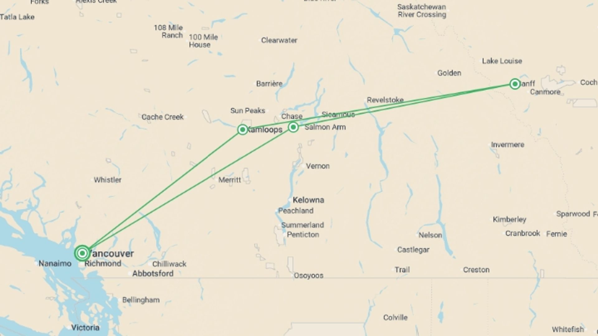 A map showing the tour itinerary for the trip: Vancouver, Banff & Rockies Winter - 5 days, starting in Vancouver, Canada and ending in Vancouver, Canada going through 3 other destinations.