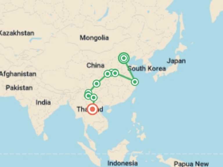 Map itinerary of Asia Tour in September 2026 with 9 destination visits for the trip: China and Laos: Two Worlds, One Journey