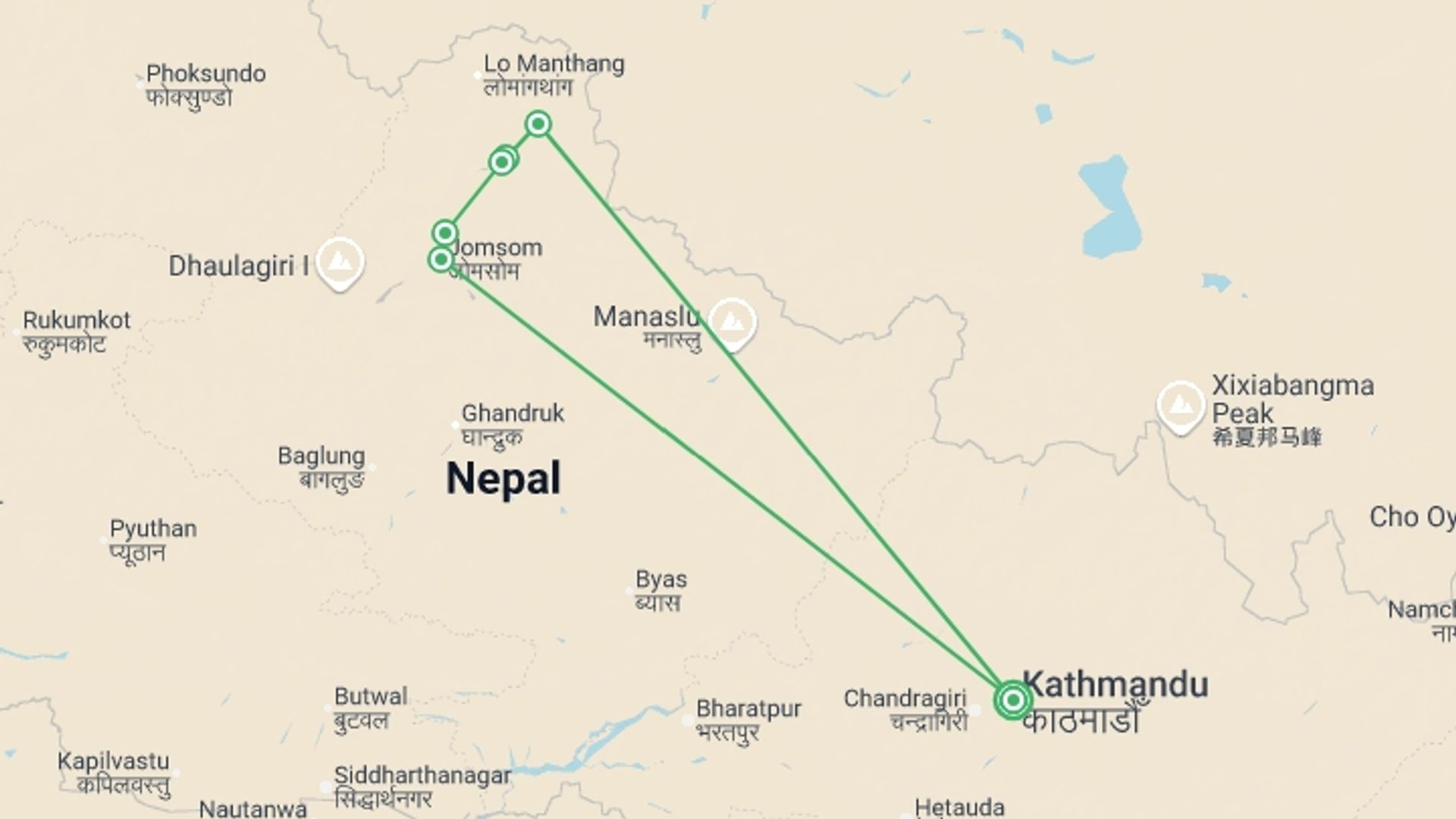 A map showing the tour itinerary for the trip: The Kingdom of Mustang, starting in Kathmandu, Nepal and ending in Kathmandu, Nepal going through 5 other destinations.