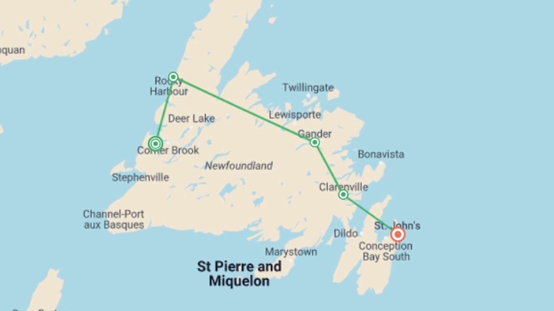 A map showing the tour itinerary for the trip: Newfoundland Explorer, starting in Corner Brook, Canada and ending in St John, Canada going through 4 other destinations.