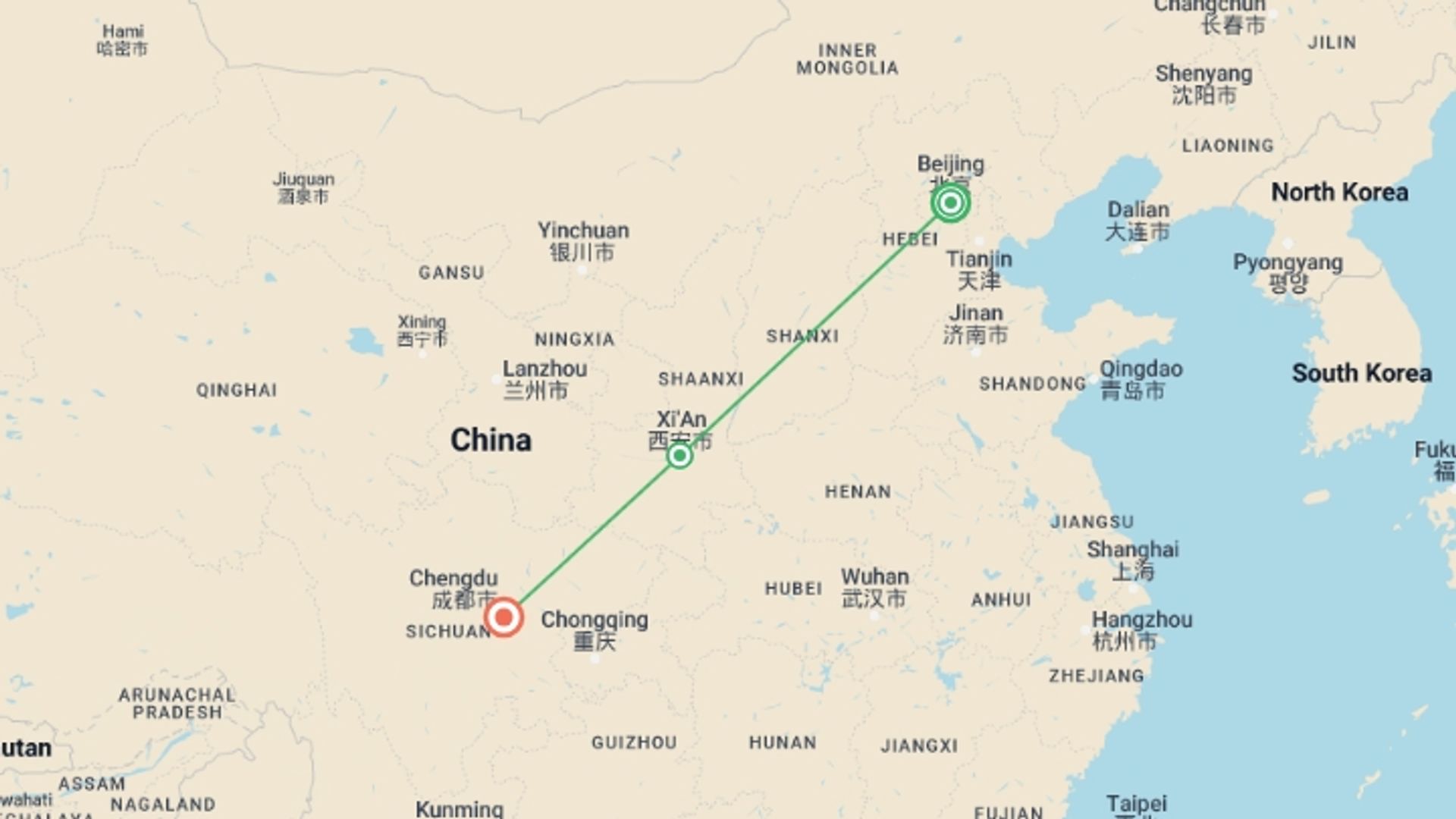 A map showing the tour itinerary for the trip: China: Cultural Sites & Epic Cities, starting in Beijing, China and ending in Chengdu, China going through 1 other destinations.