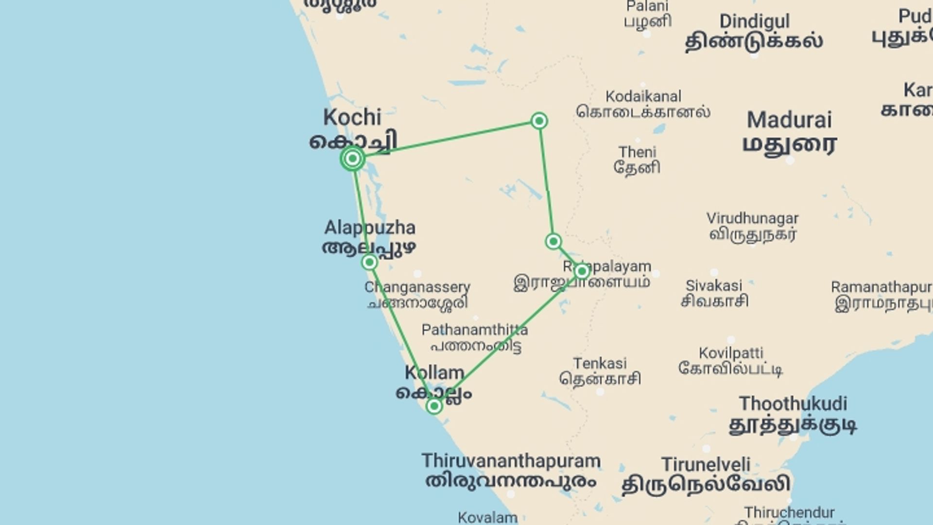 A map showing the tour itinerary for the trip: A Heaven Called Kerala, starting in Kochi, India and ending in Kochi, India going through 6 other destinations.