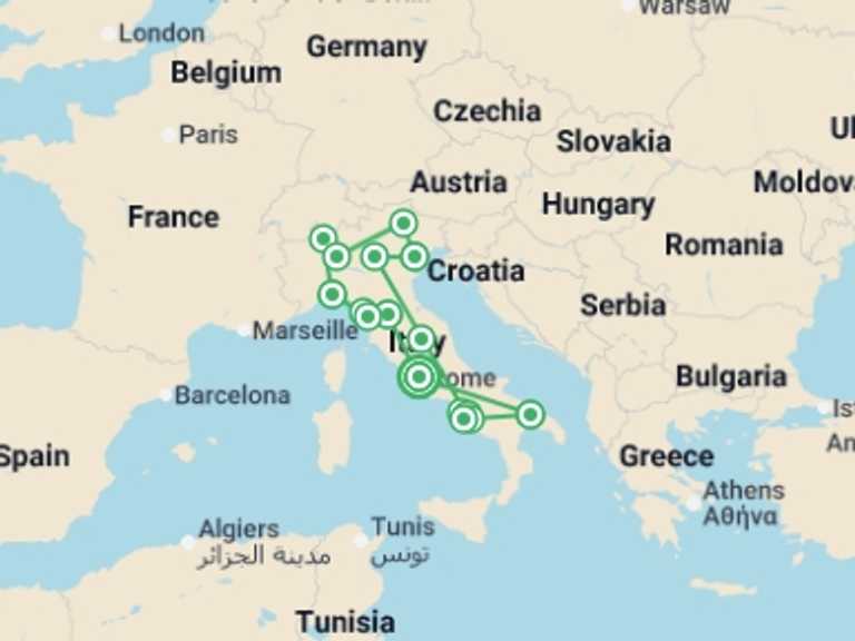 Map itinerary of Italy Tour in May 2027 with 11 destination visits for the trip: Grand Italian Experience