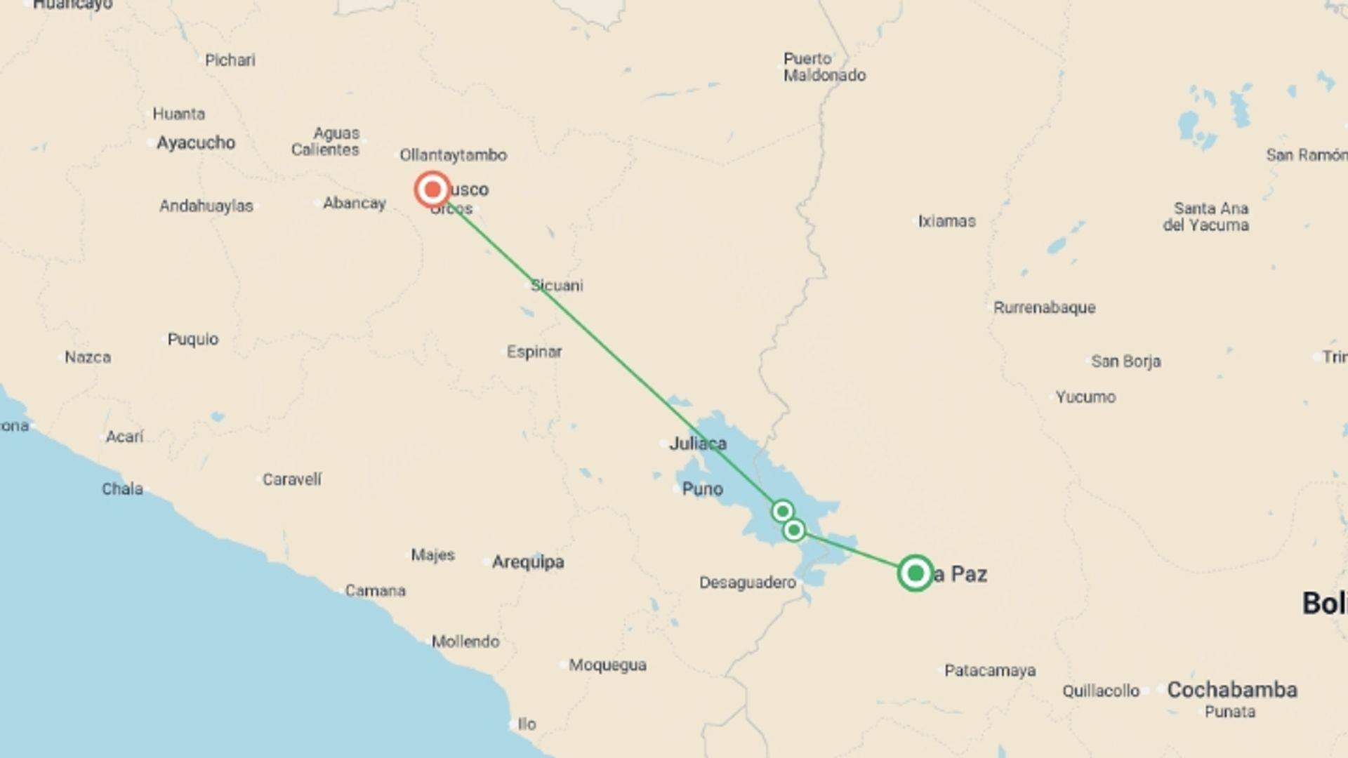 A map showing the tour itinerary for the trip: Lake Titicaca & Isla del Sol Explorer 3D/2N (La Paz to Cuzco), starting in La Paz, Bolivia and ending in Cusco, Peru going through 1 other destinations.
