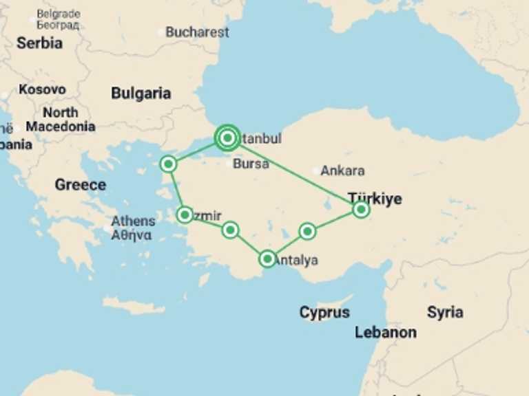 Map itinerary of Turkey Tour in March 2027 with 7 destination visits for the trip: Essential Turkey
