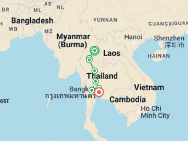 Map of Thailand Tour with 6 destination visits for the trip: Thailand Grand Tour, Small Group Tour (english Only)