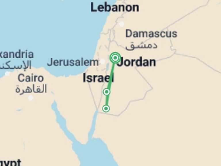 Map itinerary of Jordan Tour in June 2026 with 5 destination visits for the trip: Essential Jordan (4 Star Hotels)