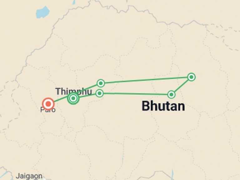 Map itinerary of Thimphu Tour in March 2026 with 6 destination visits for the trip: Hike the Trans Bhutan Trail