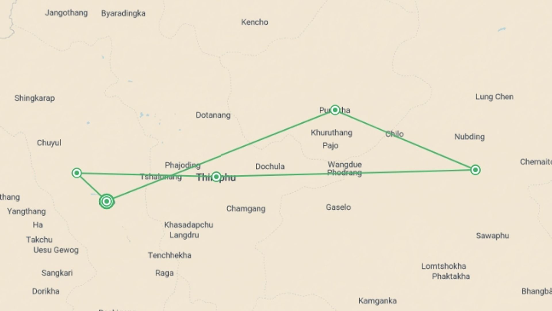 A map showing the tour itinerary for the trip: Bhutan Encounters, starting in Paro, Bhutan and ending in Paro, Bhutan going through 5 other destinations.