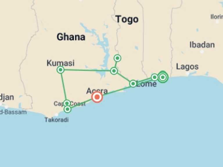 Map itinerary of Africa Tour in Fall with 7 destination visits for the trip: Explore Benin ,Togo & Ghana – 14 Days 