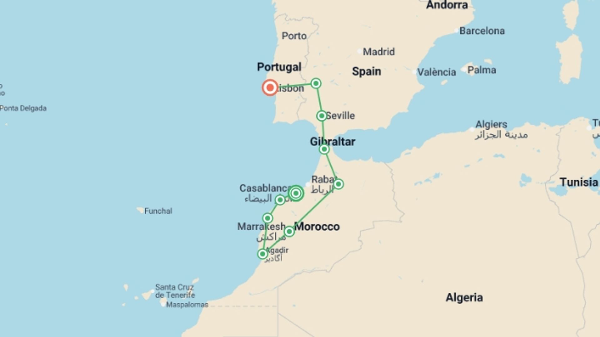 A map showing the tour itinerary for the trip: Atlantic Route, From Casablanca to Lisbon, starting in Casablanca, Morocco and ending in Lisbon, Portugal going through 6 other destinations.