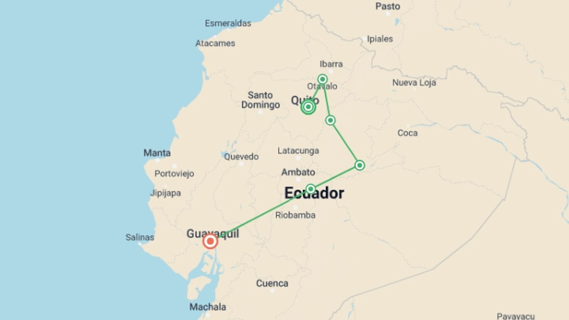 A map showing the tour itinerary for the trip: Best Of Ecuador, starting in Quito, Ecuador and ending in Guayaquil, Ecuador going through 5 other destinations.