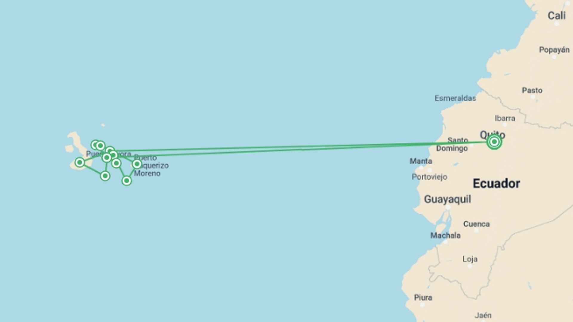 A map showing the tour itinerary for the trip: Treasures of Galapagos: Western & Central Islands (Grand Queen Beatriz), starting in Quito, Ecuador and ending in Quito, Ecuador going through 10 other destinations.
