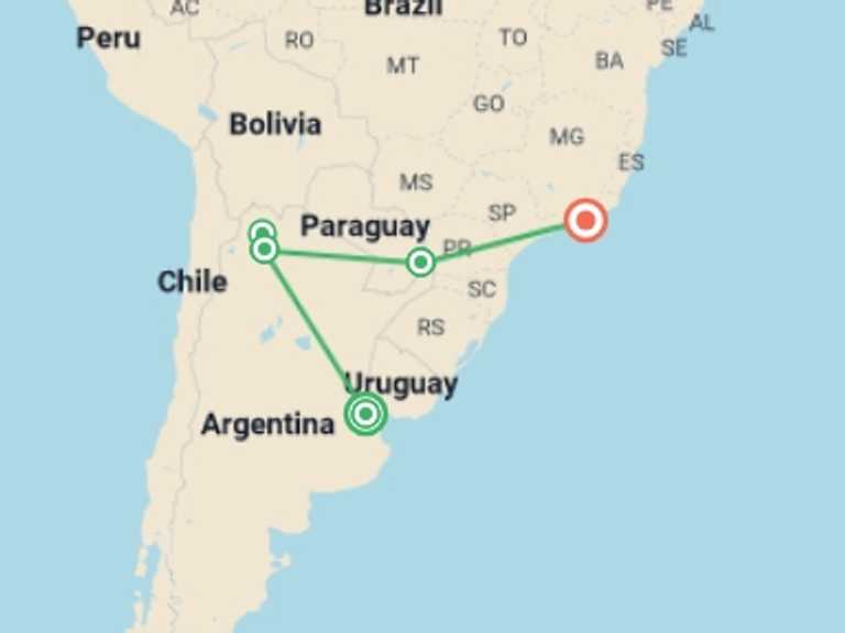 Map of South America Tour with 5 destination visits for the trip: From Tango to Samba: Buenos Aires, Salta, Igu