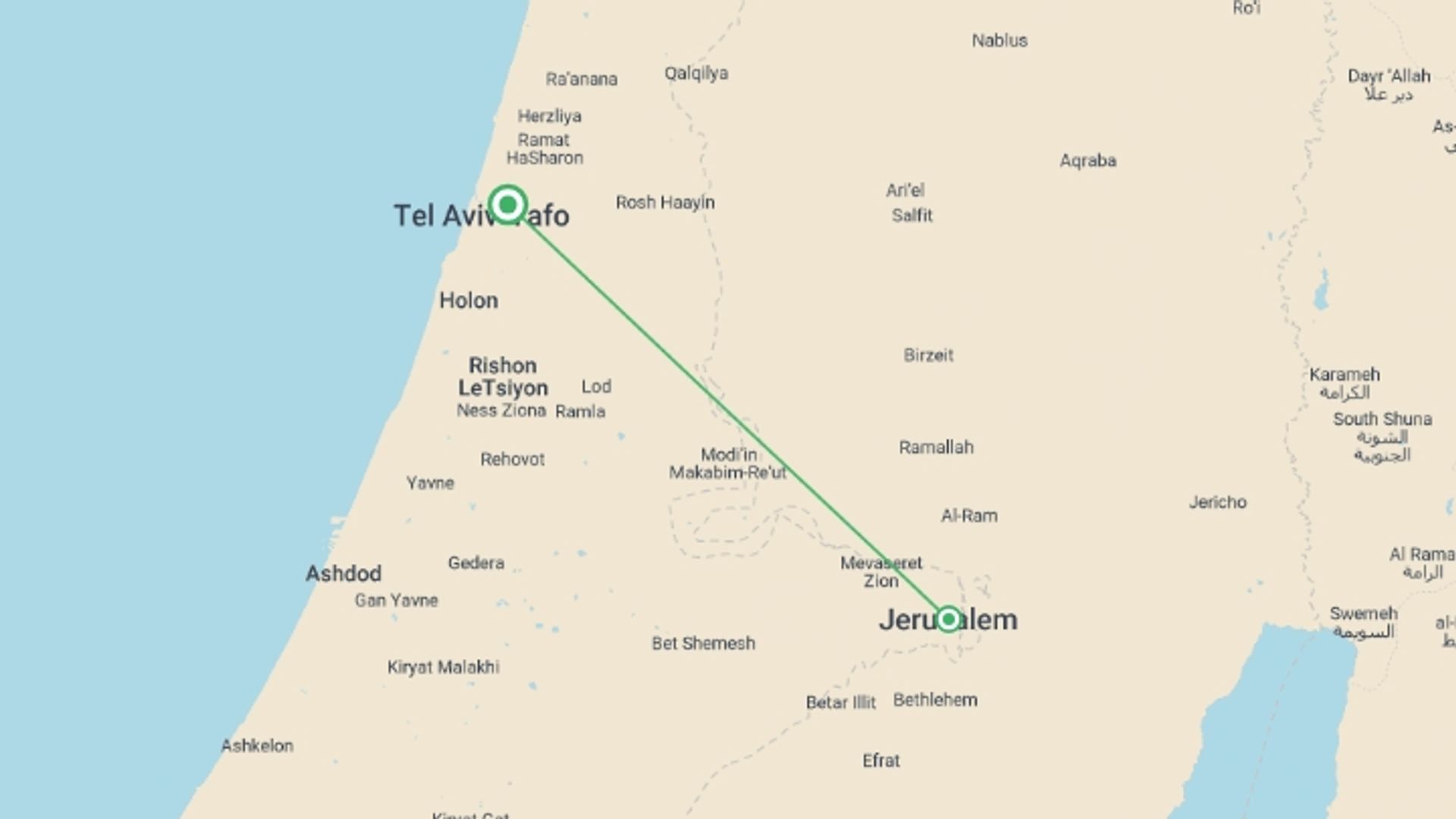 A map showing the tour itinerary for the trip: Christian Jerusalem And Bethlehem Tour, 2 Days From Tel Aviv, starting in Tel Aviv, Israel and ending in Tel Aviv, Israel going through 1 other destinations.
