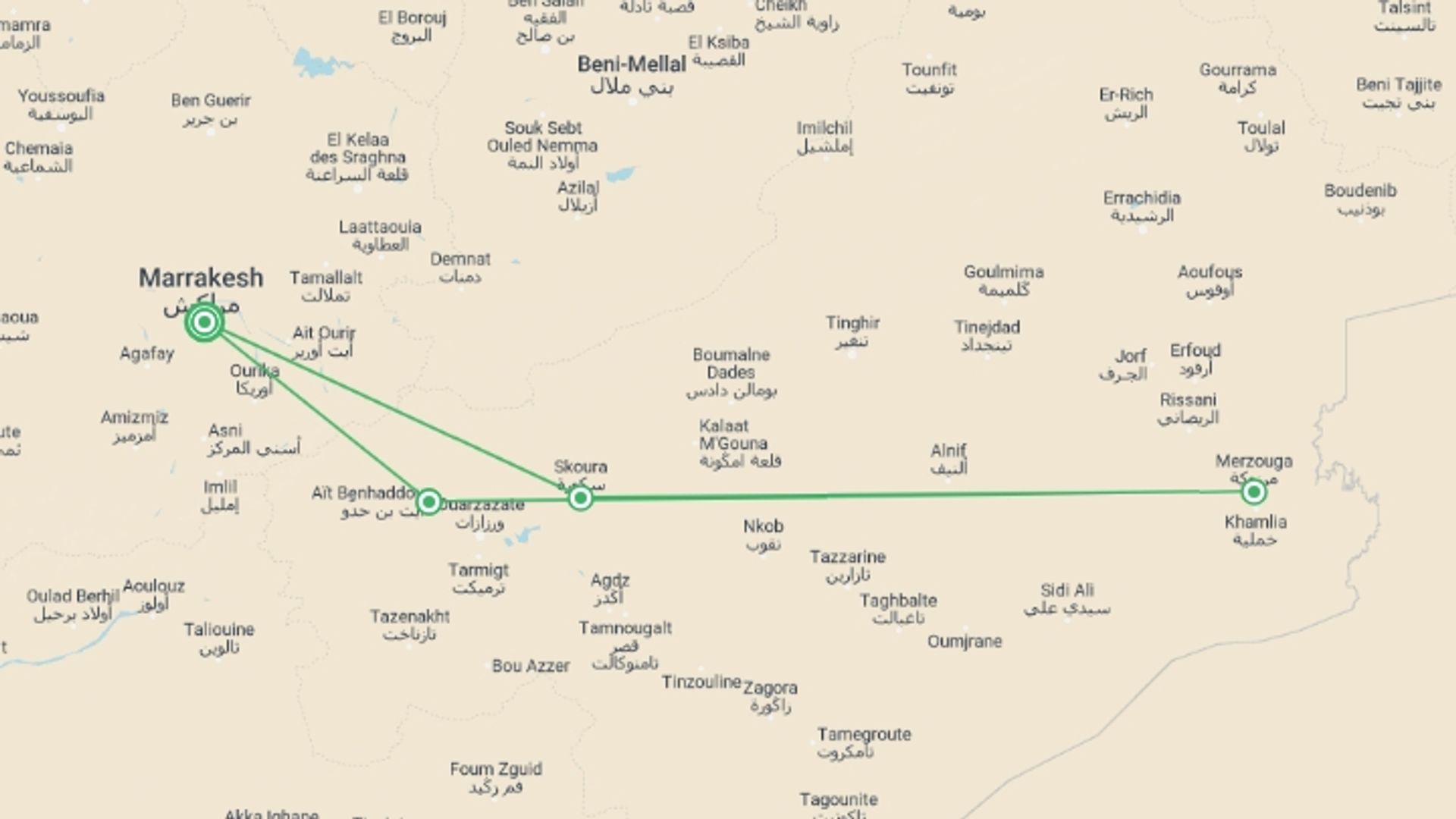 A map showing the tour itinerary for the trip: Moroccan Desert Adventure: River Canyons & Camels, starting in Marrakech, Morocco and ending in Marrakech, Morocco going through 3 other destinations.