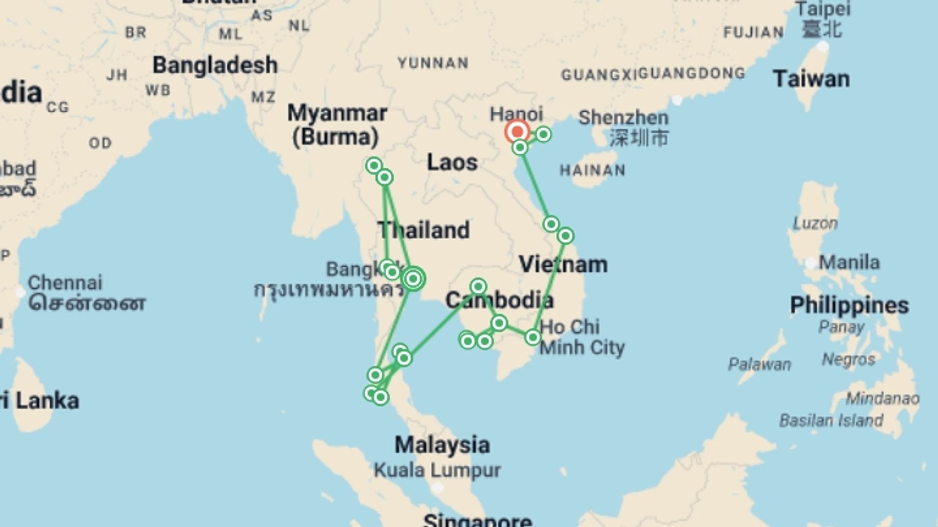 A map showing the tour itinerary for the trip: Total Asia, starting in Bangkok, Thailand and ending in Hanoi, Vietnam going through 21 other destinations.