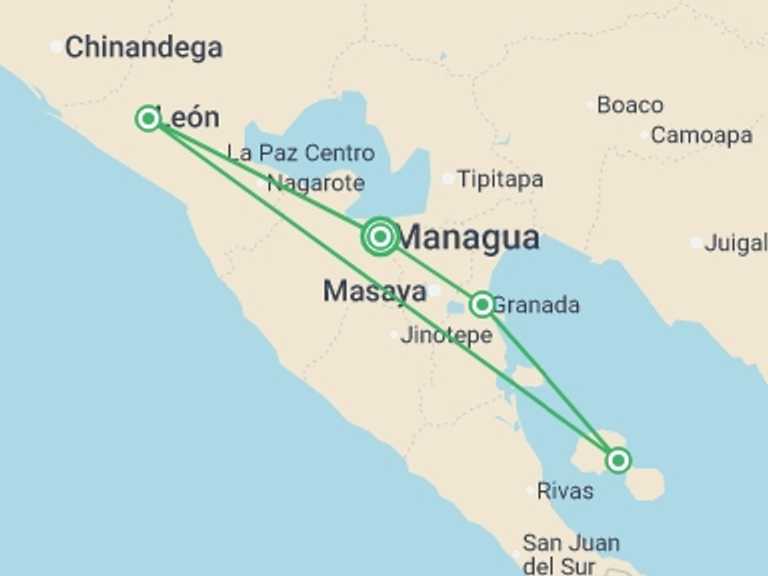 Map itinerary of North America Tour in December 2026 with 4 destination visits for the trip: Best of Nicaragua