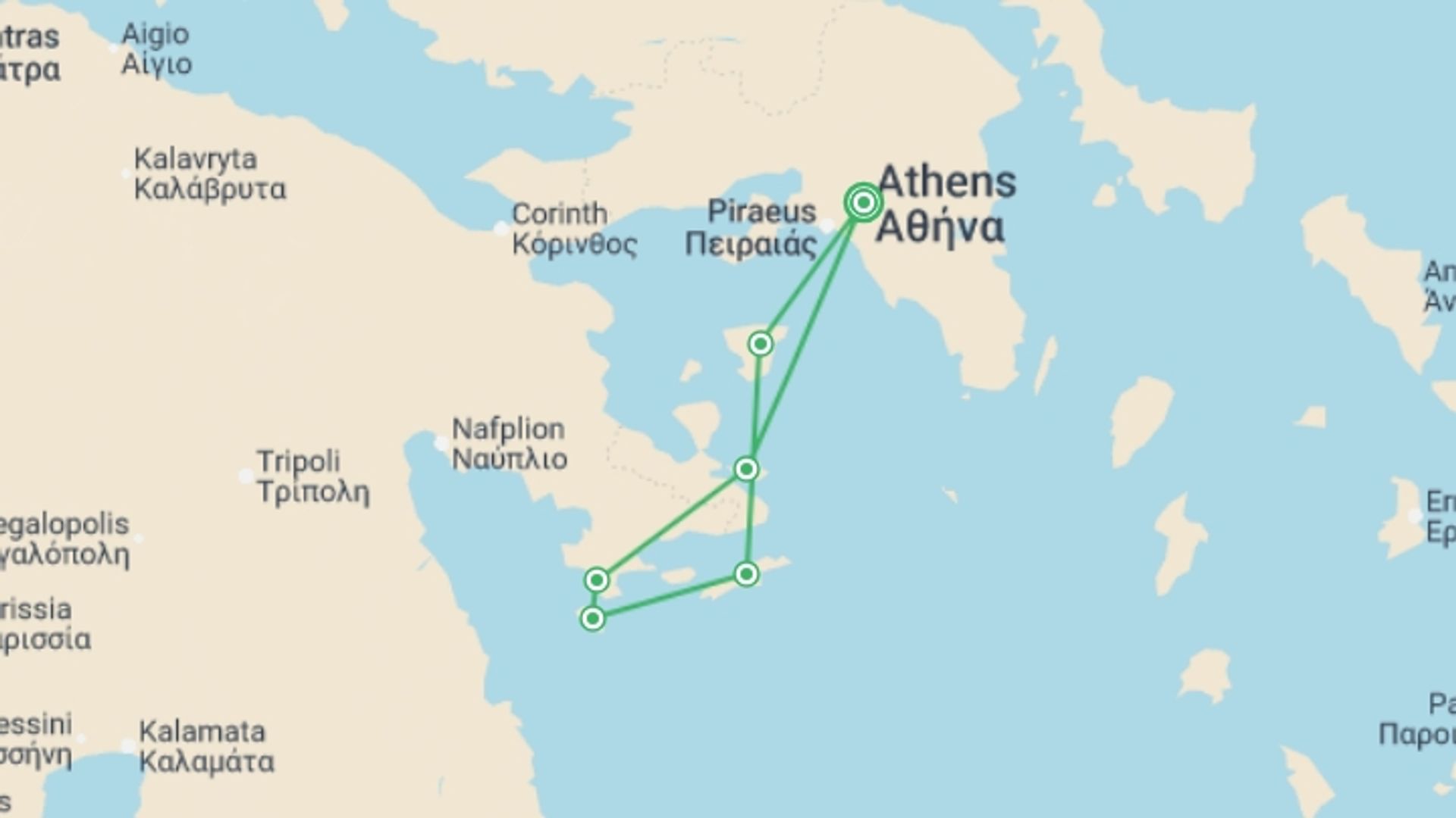 A map showing the tour itinerary for the trip: Peloponnese and Saronic Islands Bike & Boat, starting in Athens, Greece and ending in Athens, Greece going through 5 other destinations.