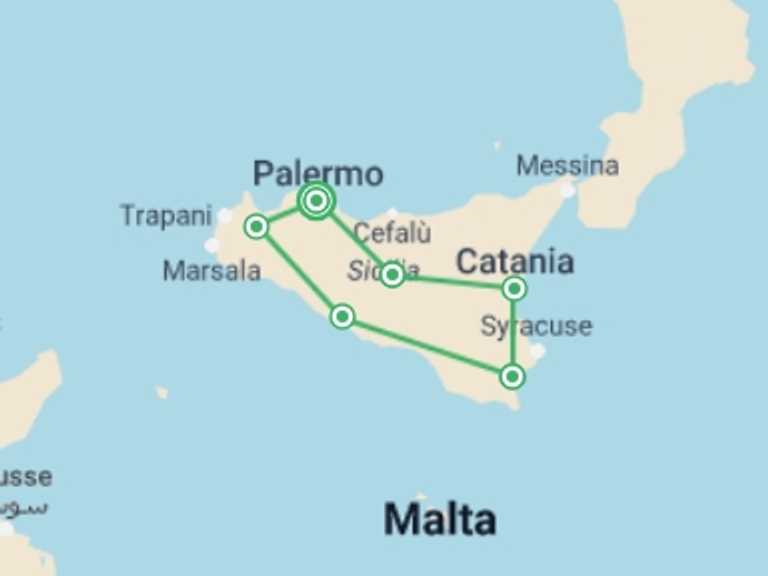 Map of Palermo Sightseeing Tour with 6 destination visits for the trip: Journey of Charming Sicily - 10 Days