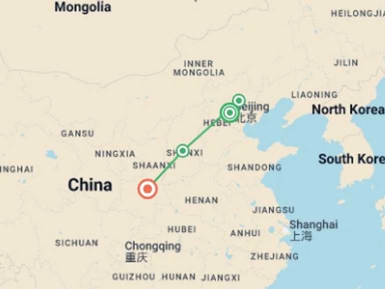 Map itinerary of China Tour in September 2026 with 5 destination visits for the trip: Signature China | Great Wall & Warriors