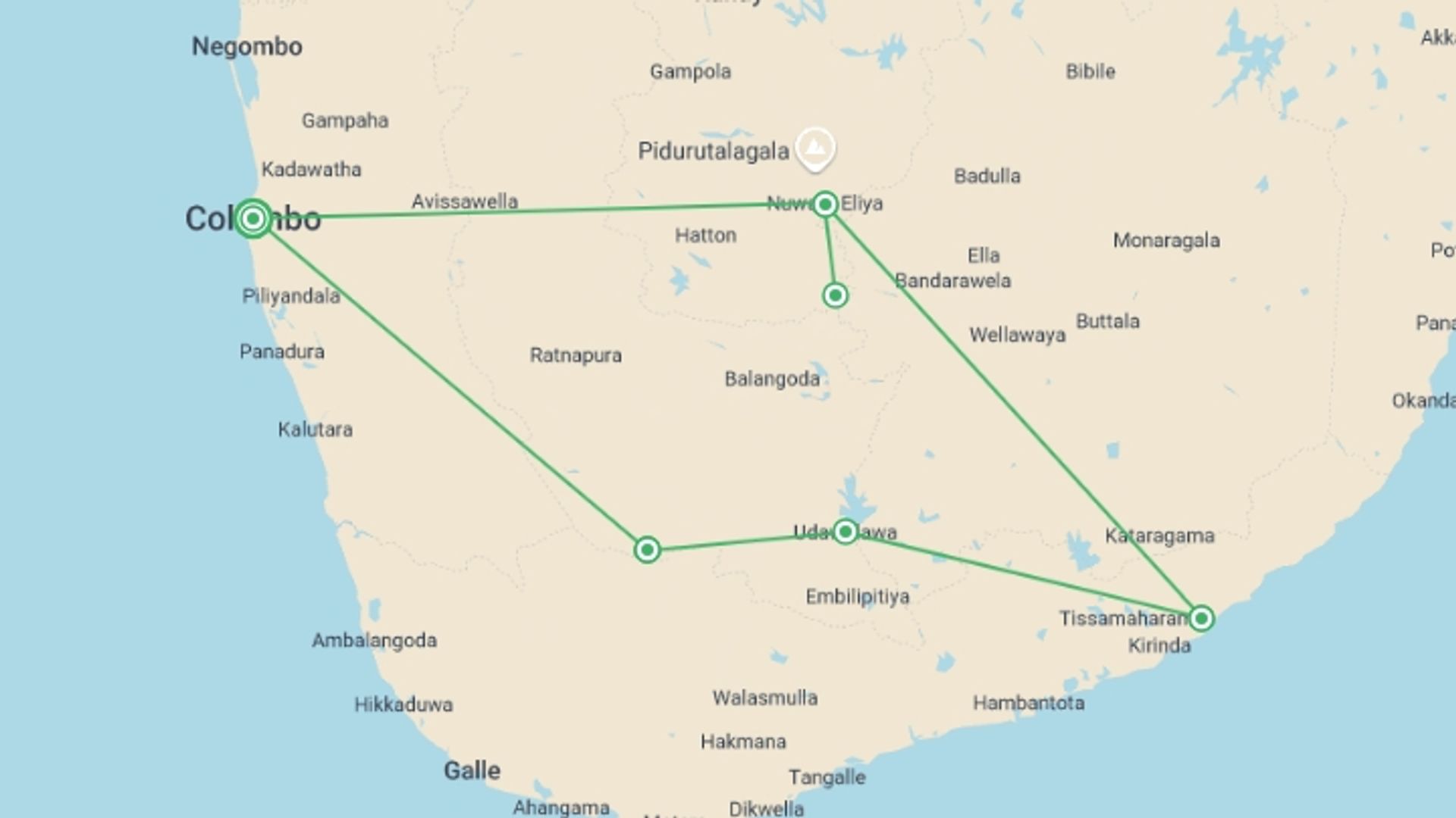 A map showing the tour itinerary for the trip: Professional Birding Tour, starting in Colombo, Sri Lanka and ending in Colombo, Sri Lanka going through 4 other destinations.