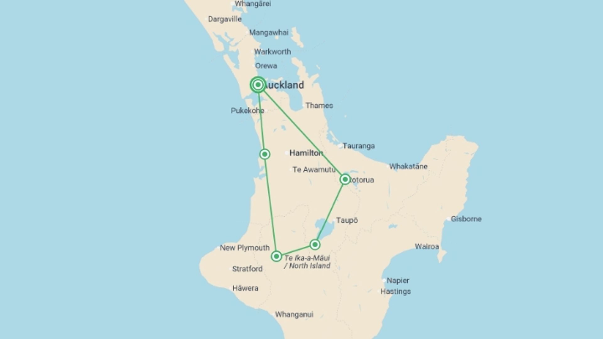 A map showing the tour itinerary for the trip: New Zealand – North Island Multisport, starting in Auckland, New Zealand and ending in Auckland, New Zealand going through 4 other destinations.