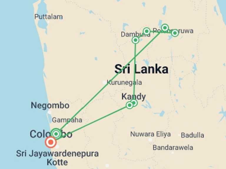 Map of a Festivals and events Tour with 5 destination visits for the trip: Sri Lankan Highlights