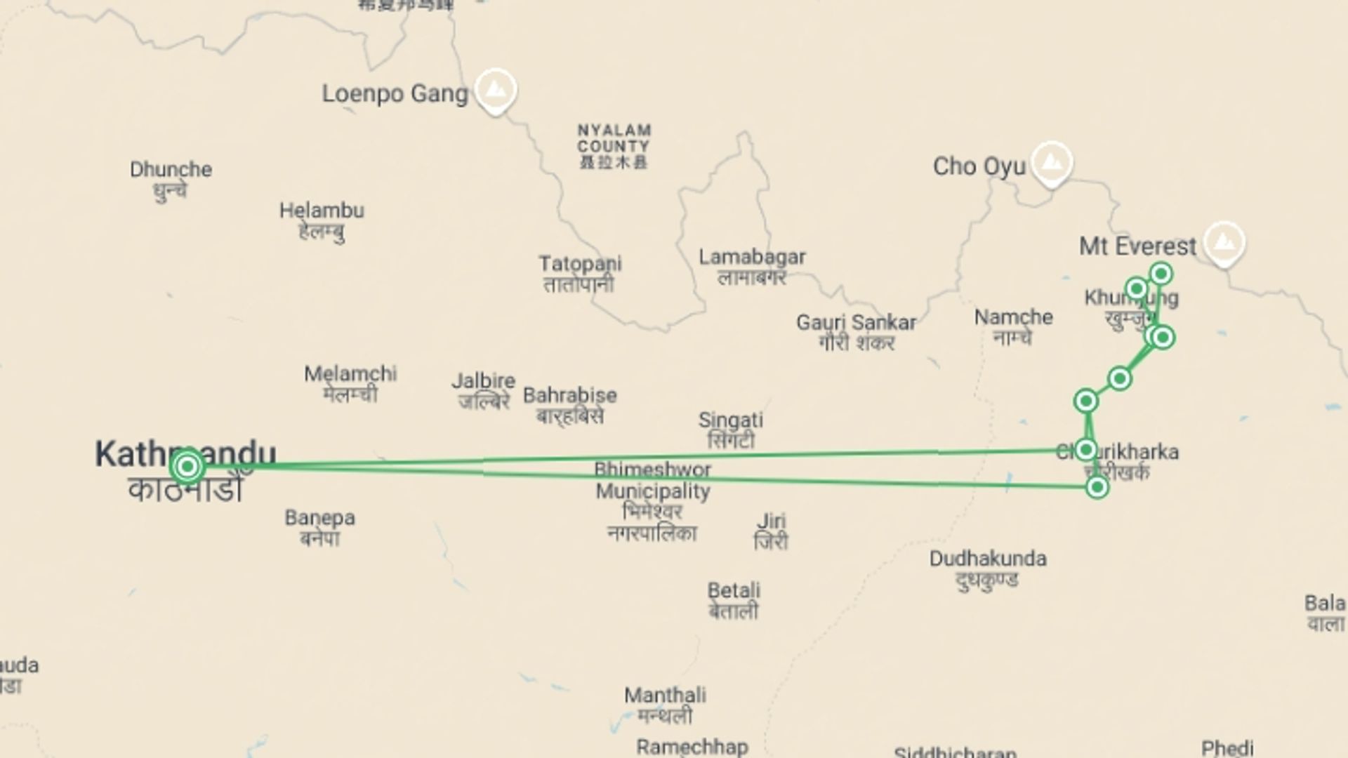 A map showing the tour itinerary for the trip: Everest Base Camp Trek 13D/12N, starting in Kathmandu, Nepal and ending in Kathmandu, Nepal going through 8 other destinations.