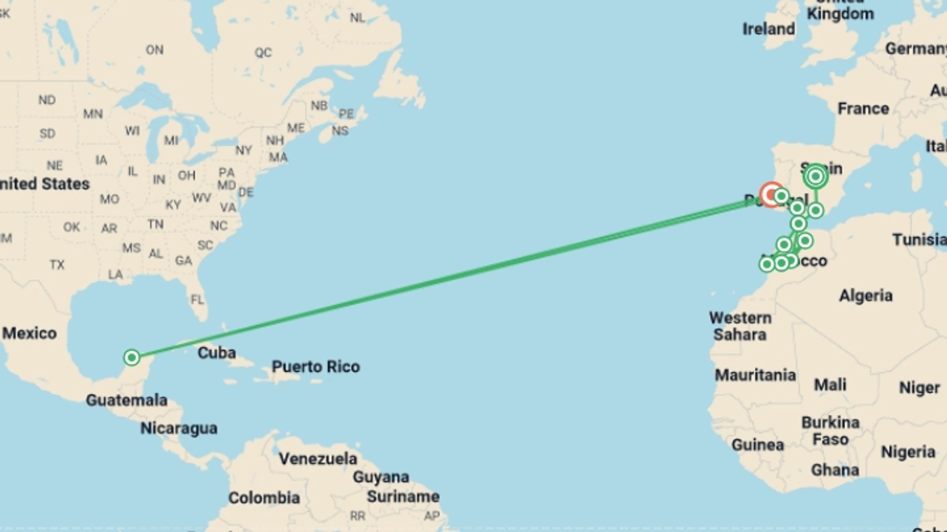 A map showing the tour itinerary for the trip: Andalusia, Lisbon and Moroccan Capitals, starting in Madrid, Spain and ending in Lisbon, Portugal going through 8 other destinations.