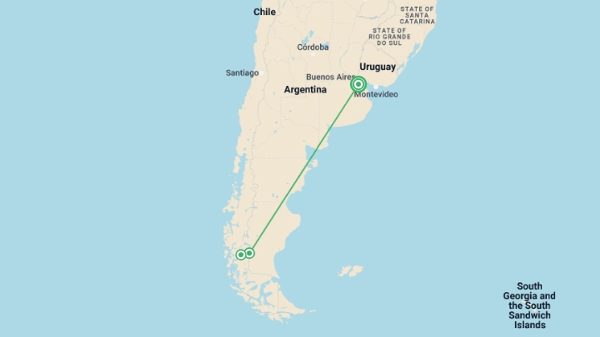 A map showing the tour itinerary for the trip: 8-Day Argentina & Patagonia Tour : Buenos Aires & El Calafate, starting in Buenos Aires, Argentina and ending in Buenos Aires, Argentina going through 3 other destinations.