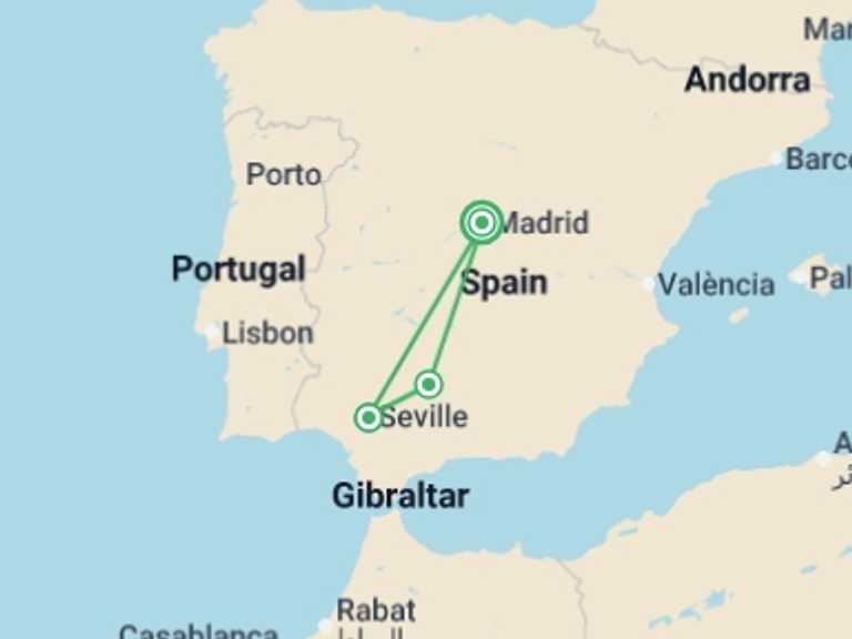 Map itinerary of Spain Tour in November 2026 with 2 destination visits for the trip: Madrid, Cordoba & Seville - 3 days