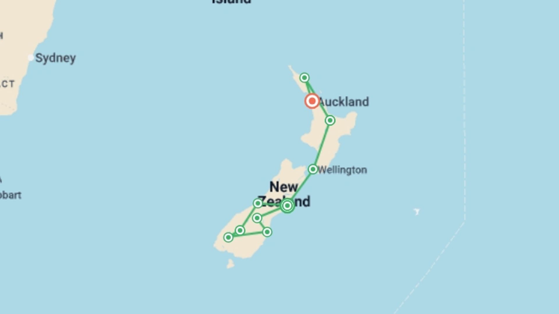 A map showing the tour itinerary for the trip: Festive Journey Through New Zealand - 17 days, starting in Christchurch, New Zealand and ending in Auckland, New Zealand going through 7 other destinations.