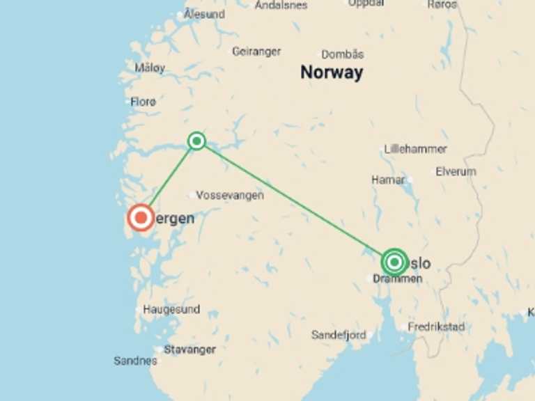 Map of 7-Day Norway Tour with 3 destination visits for the trip: Oslo to Bergen (3 Star) - 7 days