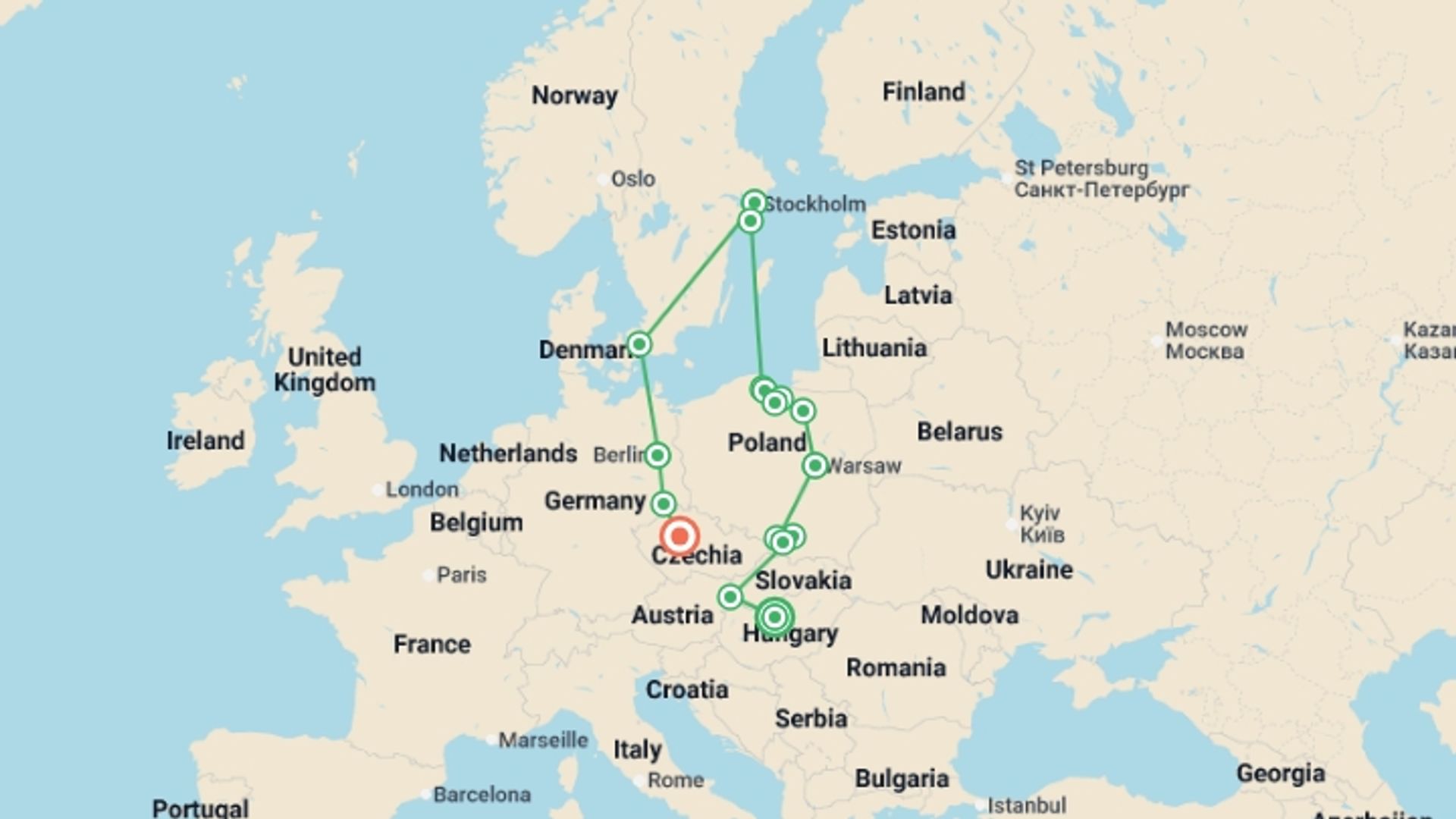 A map showing the tour itinerary for the trip: Hungary, Poland and Scandinavia End Prague, starting in Budapest, Hungary and ending in Prague, Czech Republic going through 7 other destinations.