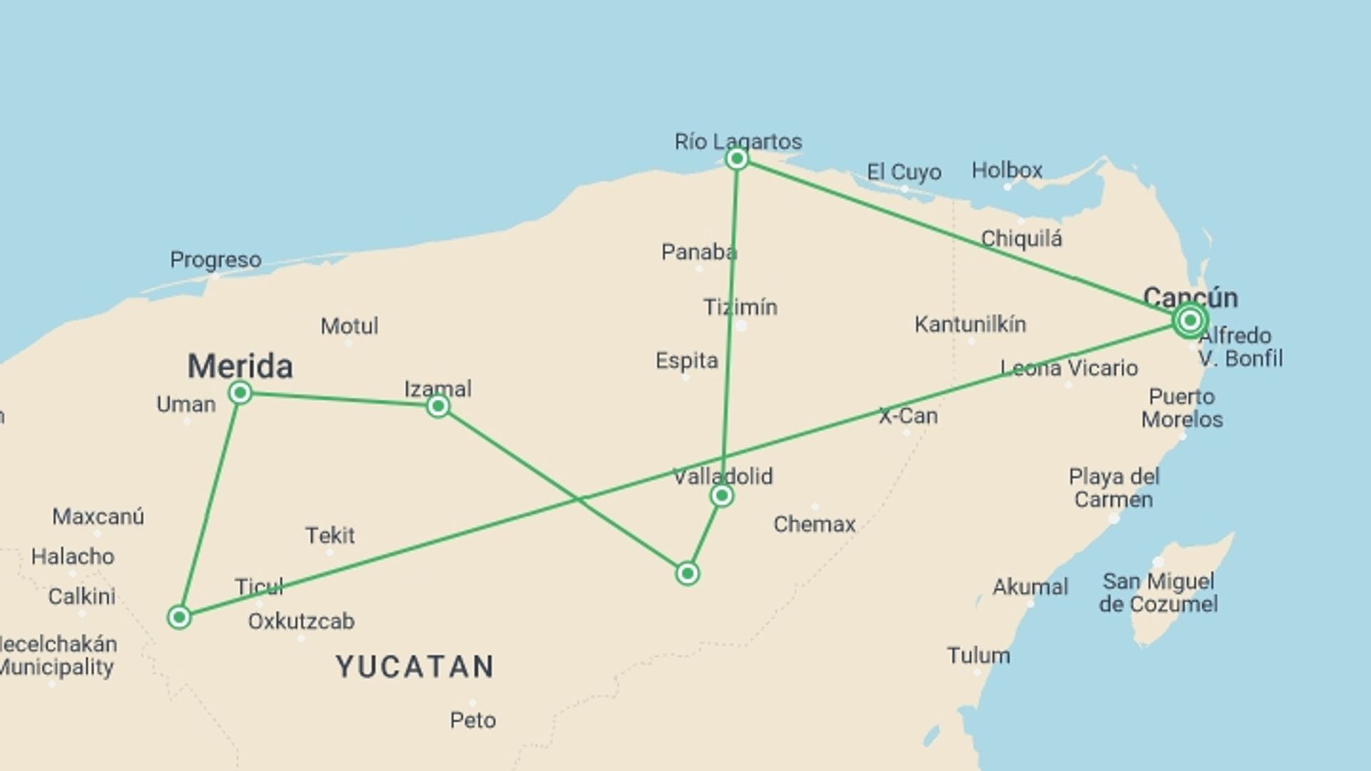 A map showing the tour itinerary for the trip: Mini Wonders Of The Maya, starting in Cancún, Mexico and ending in Cancún, Mexico going through 2 other destinations.