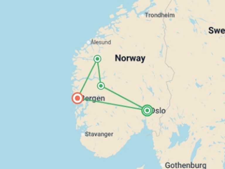 Map itinerary of Northern Europe Tour in July 2026 with 4 destination visits for the trip: Highlights of Norway 