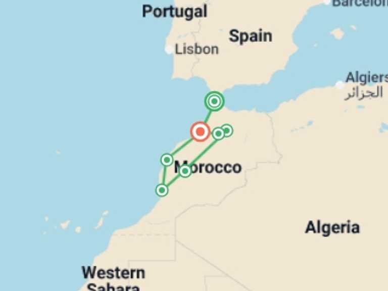 Map itinerary of Mediterranean Tour in July 2026 with 7 destination visits for the trip: Morocco, from Tangier to Rabat