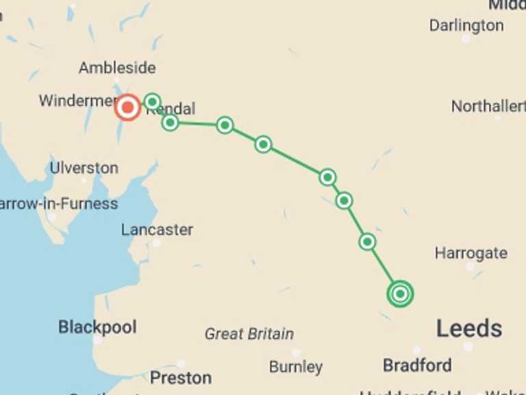 Map of England Tour with 9 destination visits for the trip: The Dales Way - 10 Days