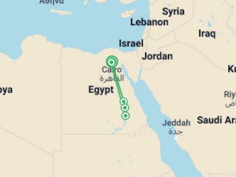Map of 9-Day Aswan Tour with 5 destination visits for the trip: Abu Simbel Sun Festival