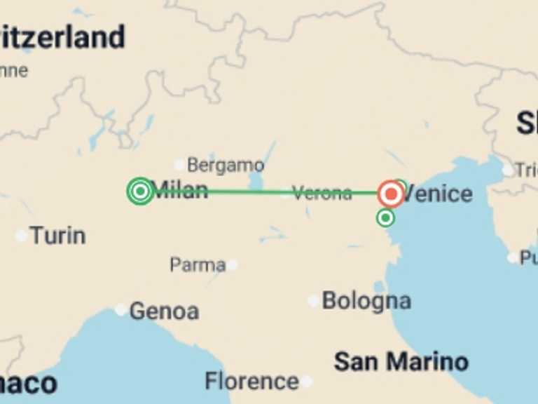 Map itinerary of Milan Tour in Fall with 4 destination visits for the trip: Milan, Venice & the Jewels of Veneto (2025)