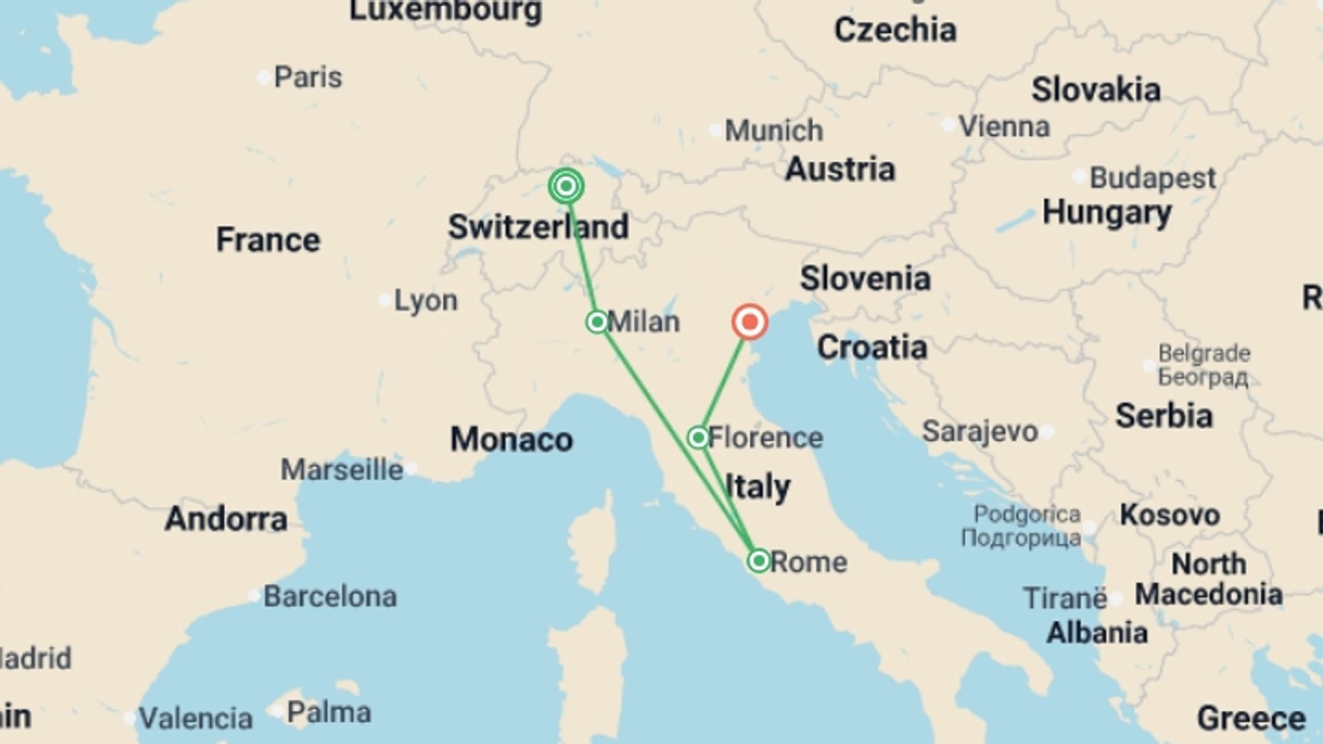 A map showing the tour itinerary for the trip: Swiss and Italian Spotlight End Venice, starting in Zurich, Switzerland and ending in Venice, Italy going through 3 other destinations.