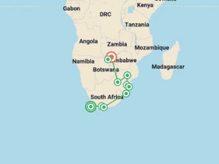 Map of Cape Town National parks Tour with 10 destination visits for the trip: South Africa & Victoria Falls