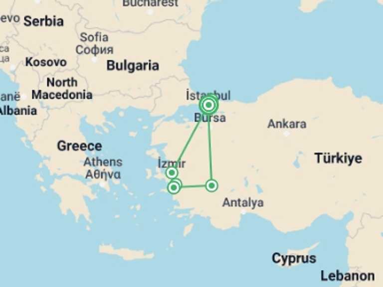 Map of Istanbul Cultural, religious and historic sites Tour with 4 destination visits for the trip: Jewels of Turkey: 6 Days